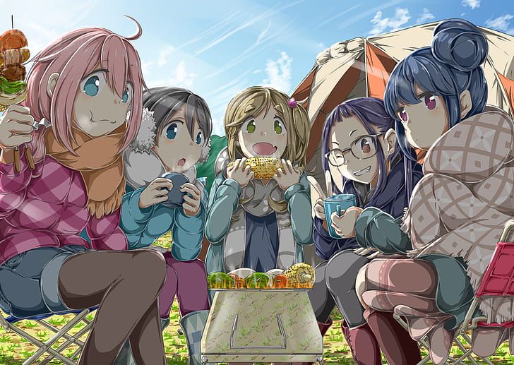Yuru Camp, anime, anime girls eating, Rin Shima, Nadeshiko Kagamihara, HD wallpaper