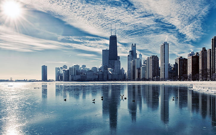 Chicago, Illinois, city landscape, river, skyscrapers, dusk, winter, ice