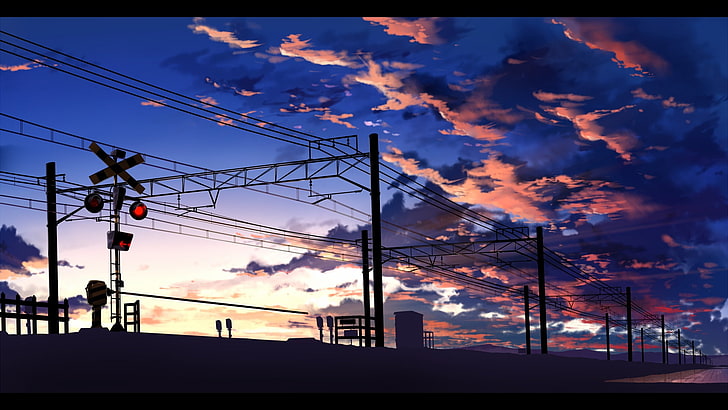 train crossing sign, anime, train station, power lines, clouds