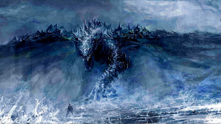 blue dragon illustration, fantasy art, artwork, water, beauty in nature, HD wallpaper