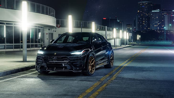 Lamborghini Urus, car, vehicle, SUV, night, street light, black cars