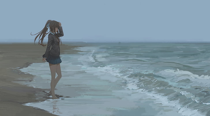 brown-haired anime character standing in seashore wallpaper, beach