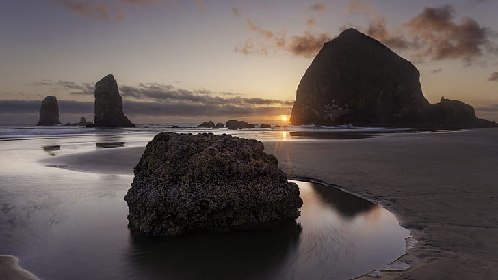 Beach Sunset Rocks Stones HD, nature, HD wallpaper