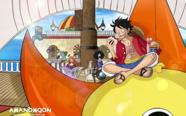 Anime, One Piece, Brook (One Piece), Eating, Monkey D. Luffy