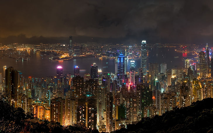 high rise buildings, city, cityscape, Hong Kong, China, night