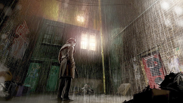 Rorschach, rain, Watchmen, trench coat, architecture, built structure, HD wallpaper