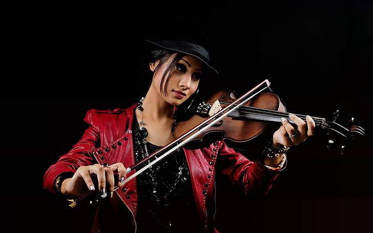 Red dress Asian girl, violin, music, black background, brown violin