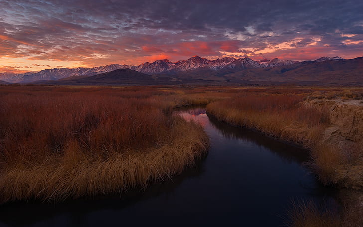 California, USA, Owens river, grass, mountains, sunset