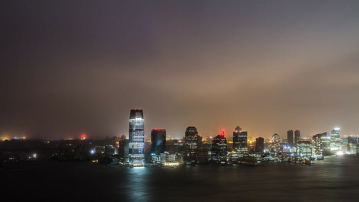 New York lights, USA, Ny, sandy, Night, Ocean, New Jersey, Skyscrapers