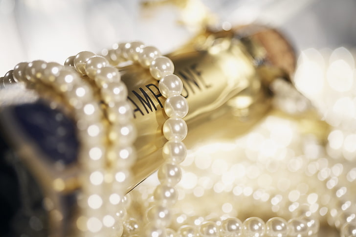 beaded white pearl necklace, beads, champagne, bokeh, foil, jewelry