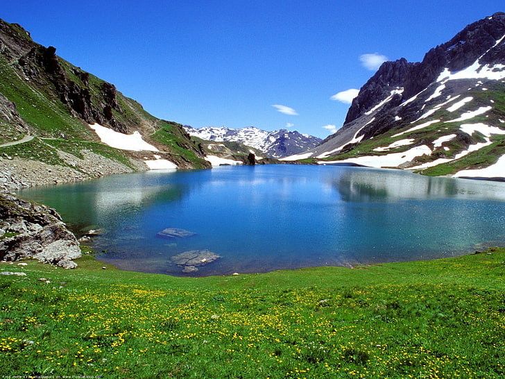 lake, water, mountains, spring, nature, landscape, beauty in nature