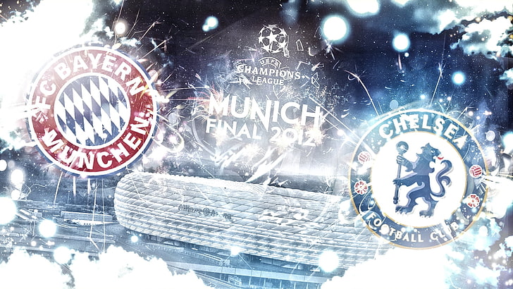 Munich final 2012 poster, Bayern, stadium, emblems, Chelsea, Champions League