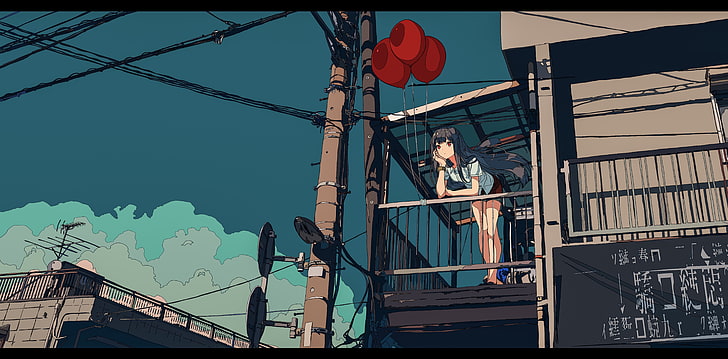 焦茶, anime girls, balloon, long hair, built structure, building exterior, HD wallpaper