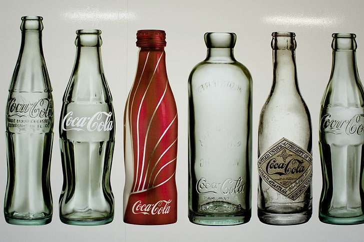 clear glass bottles, Coca-Cola, container, indoors, variation