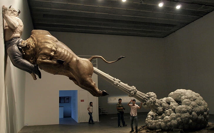 gold-colored bull statue, bull statue inside room, dark humor, HD wallpaper