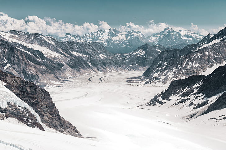 glacier, mountains, snow, peaks, aletsch glacier, switzerland, HD wallpaper