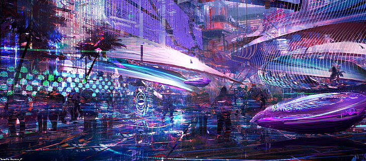 purple and green abstract painting, artwork, digital art, city, HD wallpaper