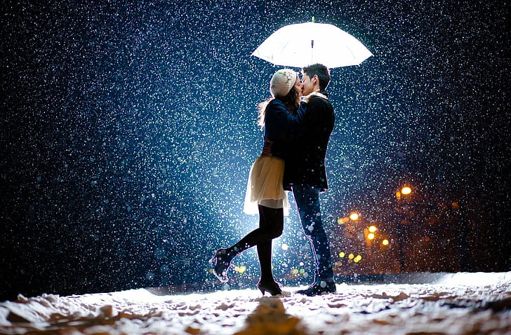 boy, couple, girl, kiss, light, love, night, romantic, snow, HD wallpaper