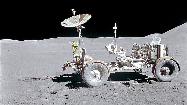 grayscale photo vehicle on moon, NASA, lunar rover vehicle, space