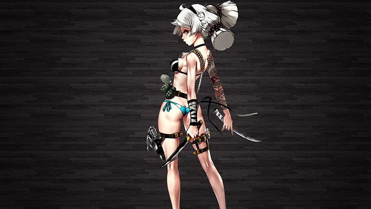 female assassin anime character wallpaper, bikini, white hair