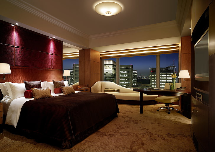 brown bed comforter, design, the city, style, room, the building