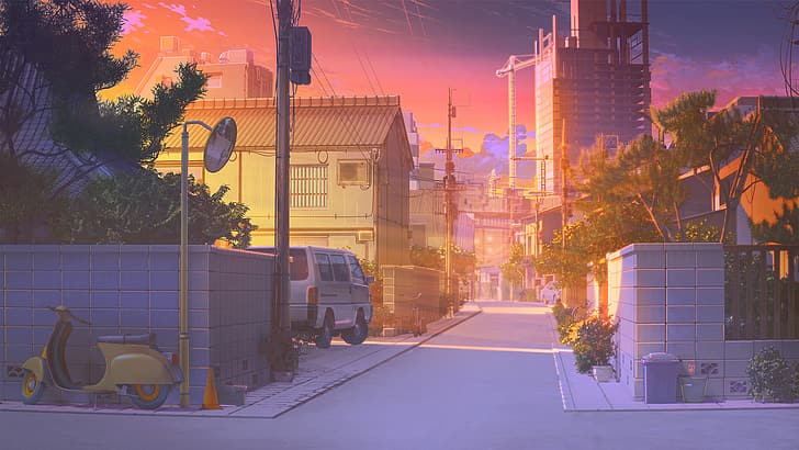 Background Art, anime, landscape, street, sky, clouds, light effects, HD wallpaper