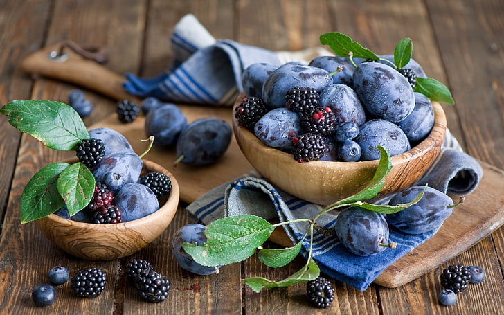 food, fruit, blackberries, bowls, wooden surface, blueberries
