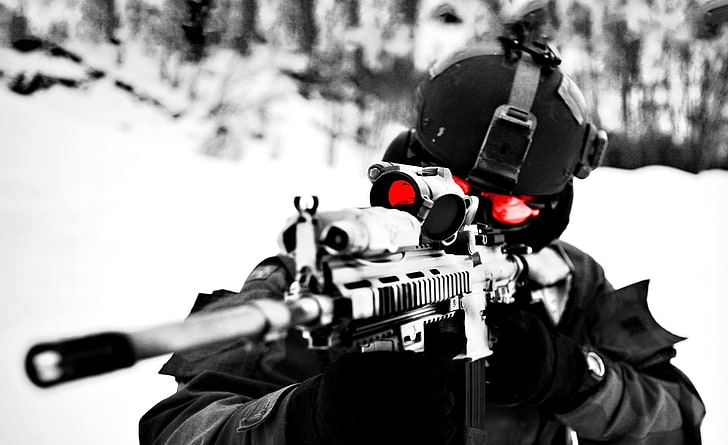 Sniper, black assault rifle, Army, black and white, one person