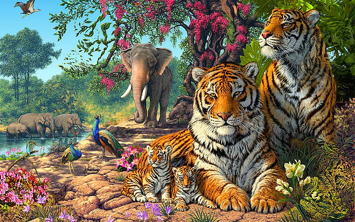 Tigers Family Exotic Birds Paun Elephants Jungle Nature Hd Wallpaper For Animal Lovers 1920×1200, HD wallpaper