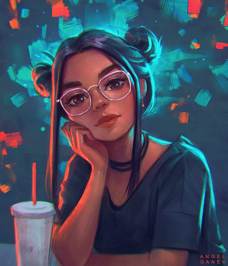 women, women with glasses, face, drawing, painting, digital painting