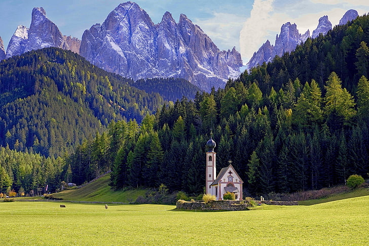 white wooden church, forest, mountains, meadow, Italy, The Dolomites