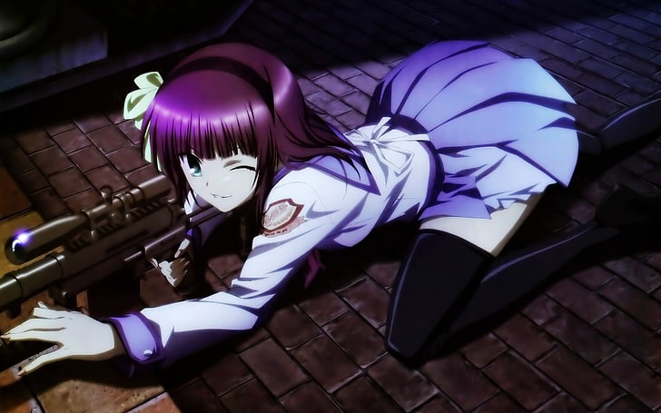 purple haired female cartoon character, anime, Angel Beats!, school uniform, HD wallpaper