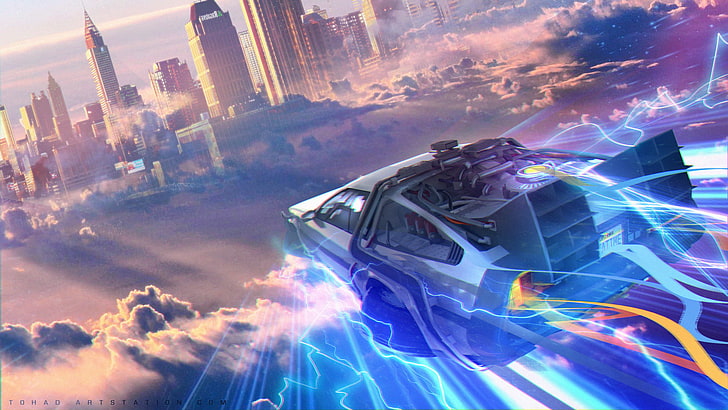 car illustration, The Time Machine, Back to the Future, DMC DeLorean