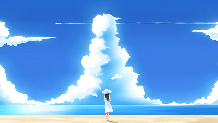 anime, sky, sun, clouds, summer, landscape, weather, cloudy, HD wallpaper