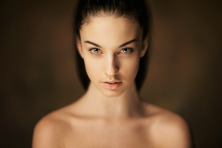 Alla Berger, women, model, face, portrait, bare shoulders, simple background