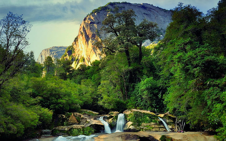 green trees, sunset, waterfall, mountains, Chile, nature, landscape, HD wallpaper