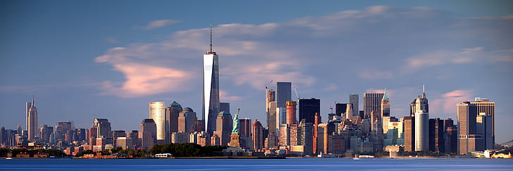 New York City skyline under blue sky, NYC, Downtown, Statue of Liberty