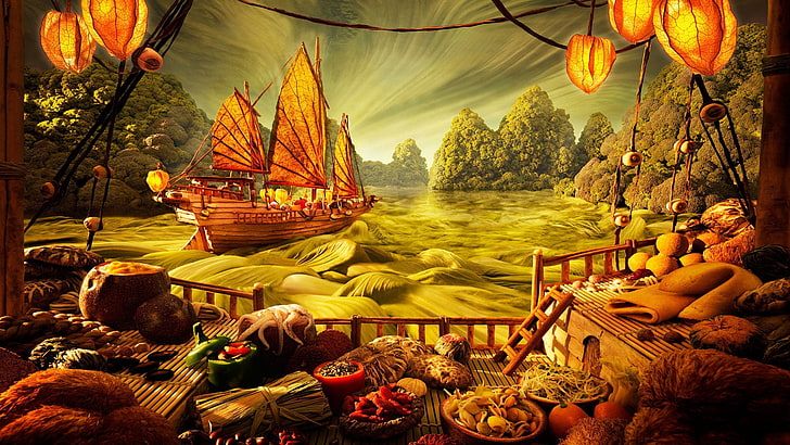 brown galleon ship painting, picture, table, entertainments, cultures, HD wallpaper