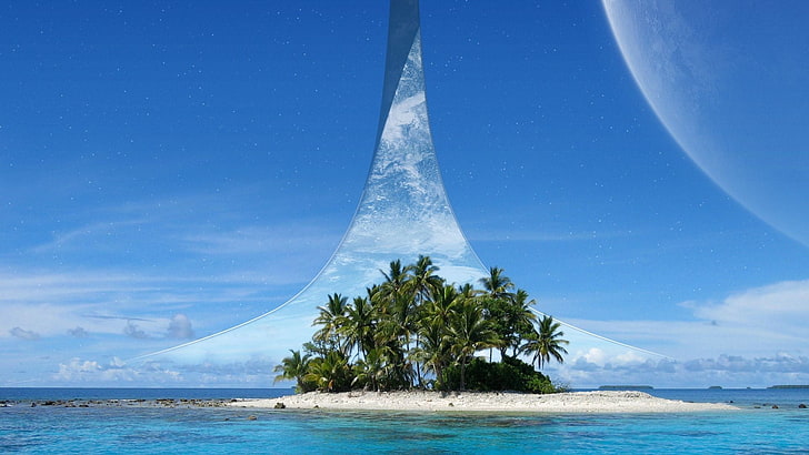 island between sea, Halo, blue, digital art, sky, palm trees