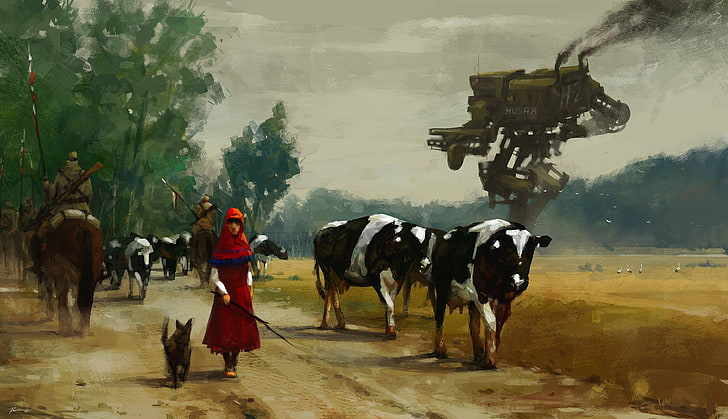 woman walking with dog and herd of cattle painting, 1920, digital art, HD wallpaper