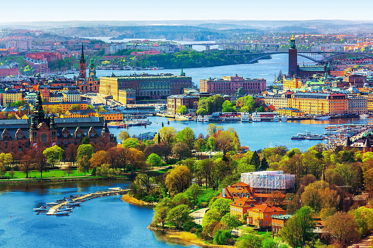 Sweden, Stockholm, city, river, boats, trees, landscape, panorama