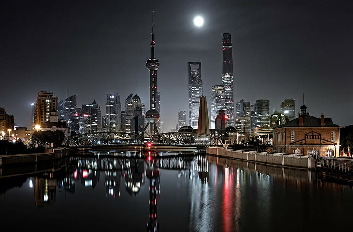 urban, night, city, Shanghai, China, HD wallpaper