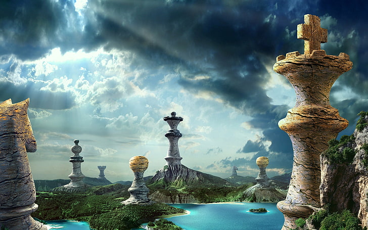chess piece towers digital wallpapers, fantasy art, sky, landscape, HD wallpaper