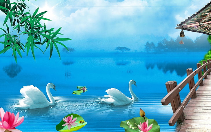 HD wallpaper: Artistic, Painting, Lake, Lotus, Swan | Wallpaper Flare