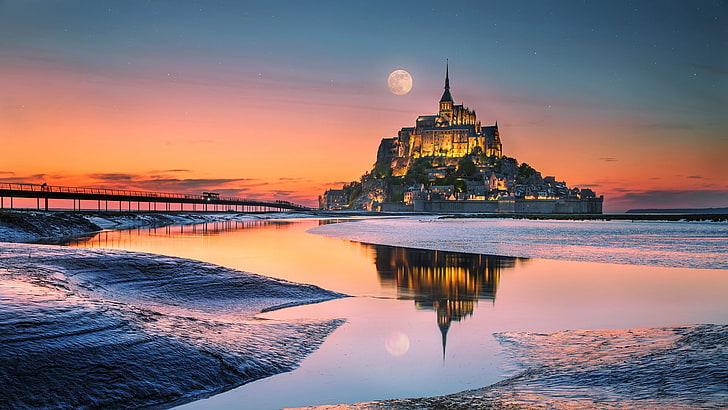 gray castle, landscape, nature, Moon, bridge, France, Mont Saint-Michel, HD wallpaper