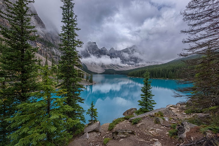fisheye photography of body of water between trees and mountains during daytime, moraine lake, banff national park, canada, moraine lake, banff national park, canada