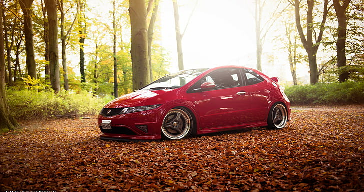 Honda, Civic, Type-R, stance, Red, forest, HD wallpaper