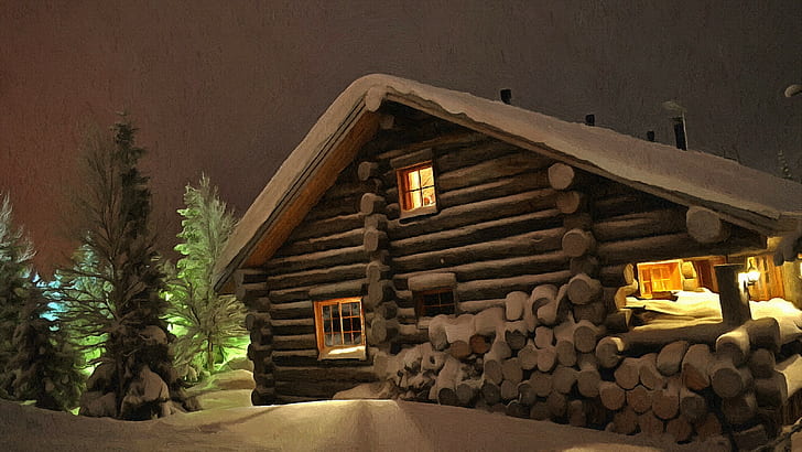 artwork, winter, cabin, snow, night