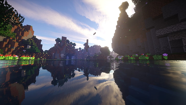 Minecraft game application, water, sea, cave, Sun, render, architecture