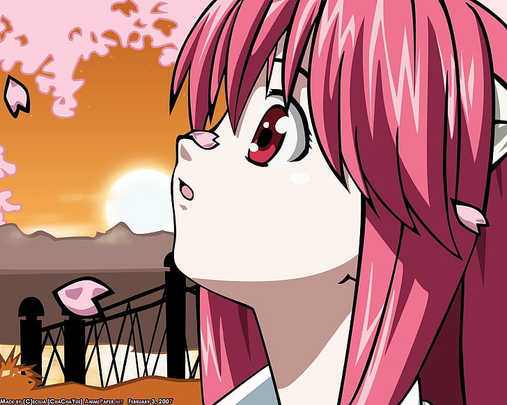Elfen Lied character illustration, lucy, girl, profile, petals